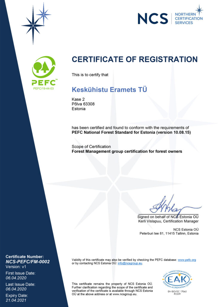 PEFC sertifikaat Metsaühistu